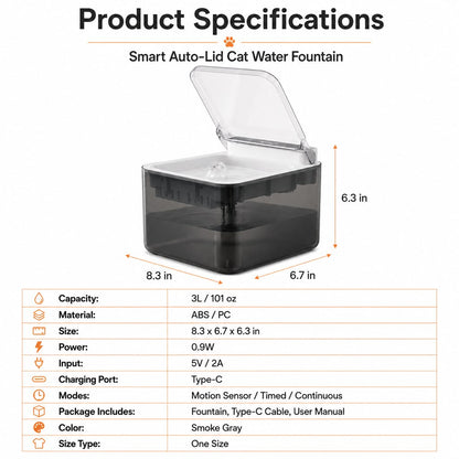 Motion-Sensing Auto-Lid 3L Rechargeable Cat Water Fountain
