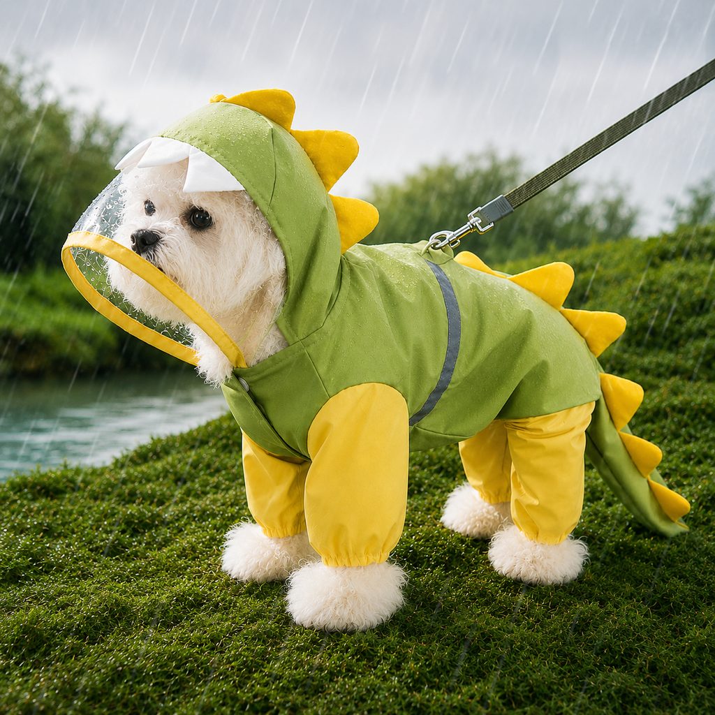 Ortekor Dinosaur Dog Raincoat with Clear Visor Hood – Full-Body Waterproof Pet Suit for Rain, Mud & Outdoor Walks