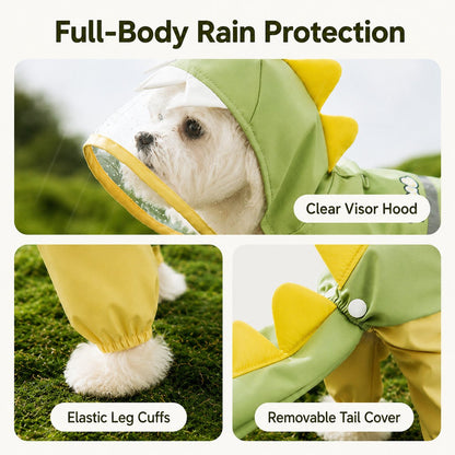 Ortekor Dinosaur Dog Raincoat with Clear Visor Hood – Full-Body Waterproof Pet Suit for Rain, Mud & Outdoor Walks