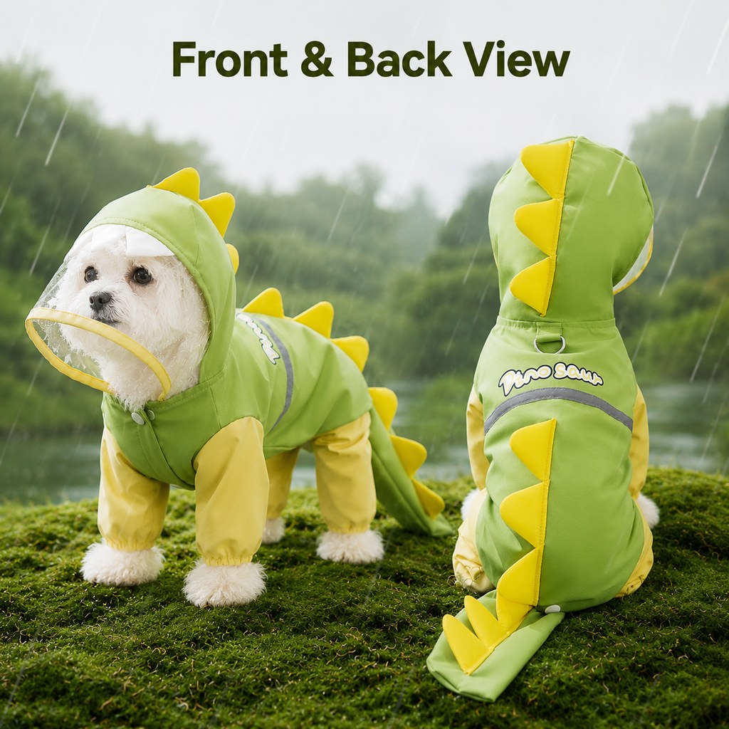 Ortekor Dinosaur Dog Raincoat with Clear Visor Hood – Full-Body Waterproof Pet Suit for Rain, Mud & Outdoor Walks
