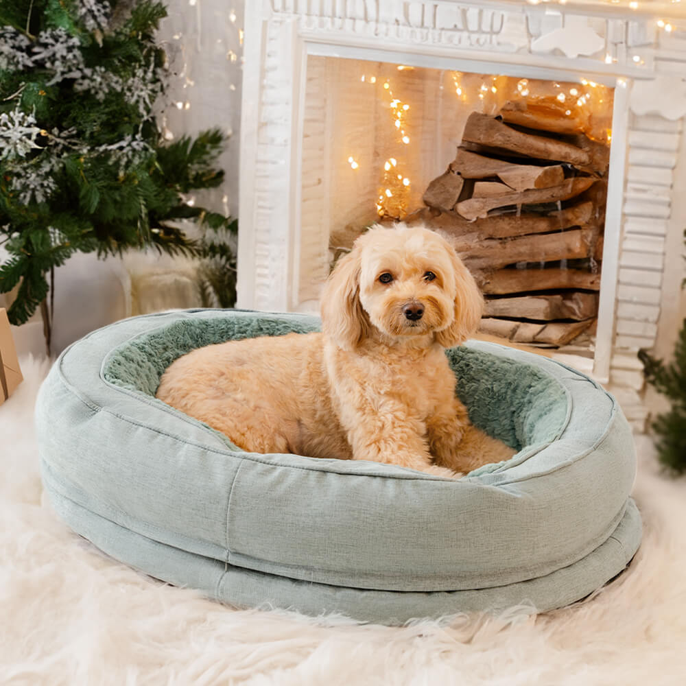 Round Bolster Pet Bed with Orthopedic Foam Support for Dogs | Raised Edge Calming Bed with Machine Washable Cover & Waterproof Liner