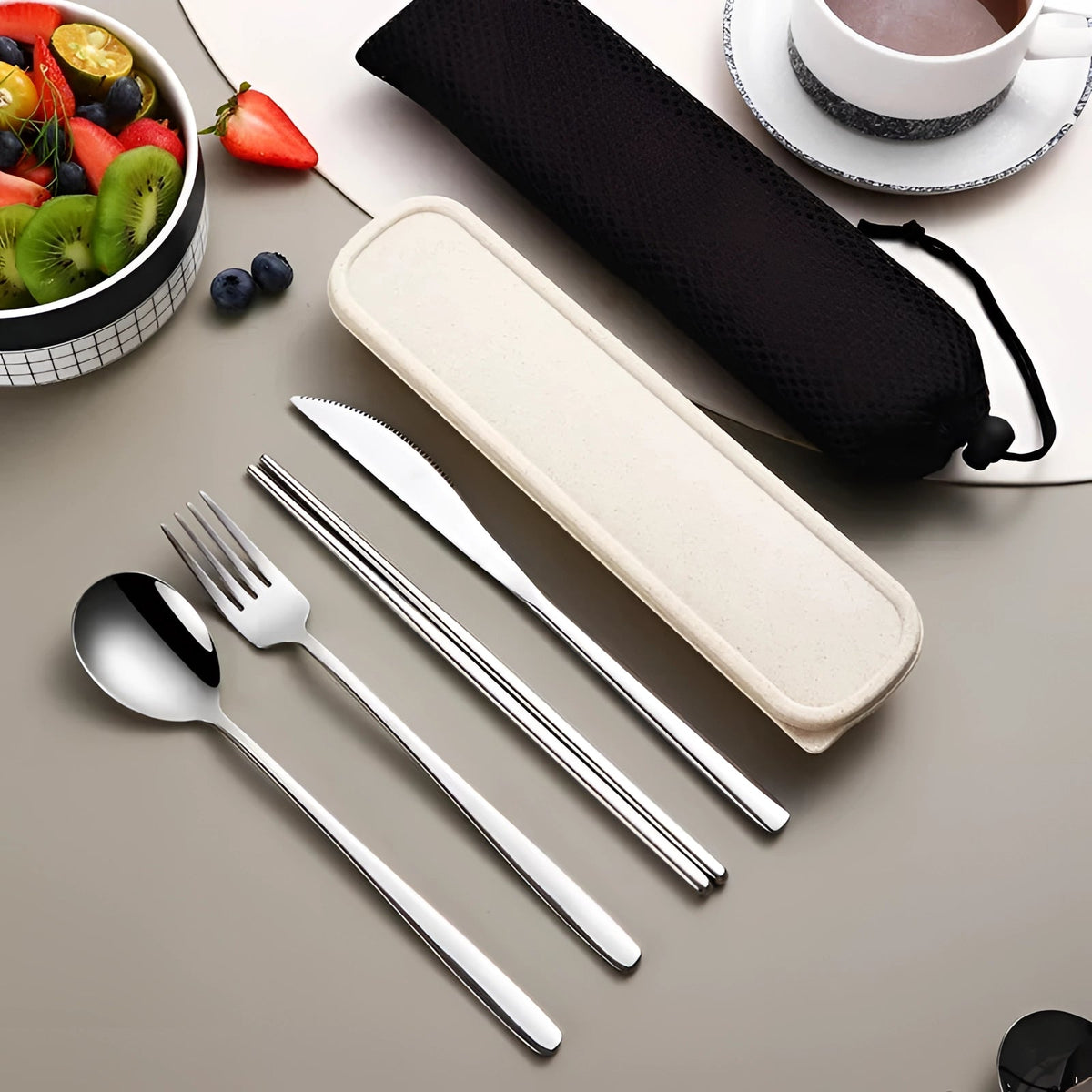 Juego de cubiertos de viaje con estuche, set de cubiertos de acero inoxidable, juego de cubiertos portátiles con palillos para el almuerzo y picnic