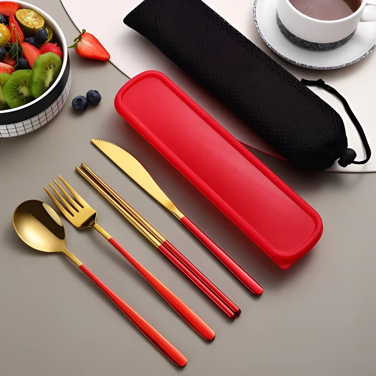 Juego de cubiertos de viaje con estuche, set de cubiertos de acero inoxidable, juego de cubiertos portátiles con palillos para el almuerzo y picnic