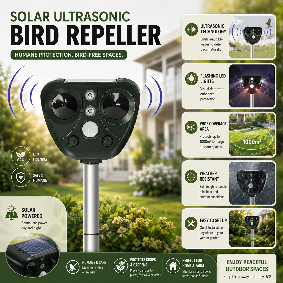 EcoGuard | Repelente ultrasónico de aves con energía solar y luces LED | Disuasorio humano para aves de jardín
