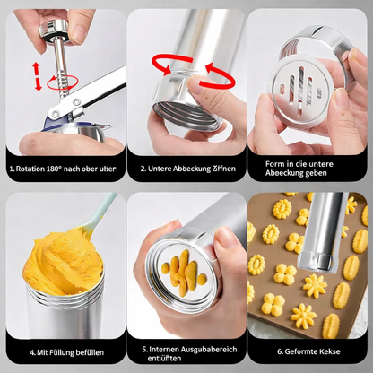 Cookie Press with 20 Shapes and 4 Nozzles Stainless Steel Dough Dispenser for Uniform Homemade Cookies Spritz Maker with Ergonomic Grip for