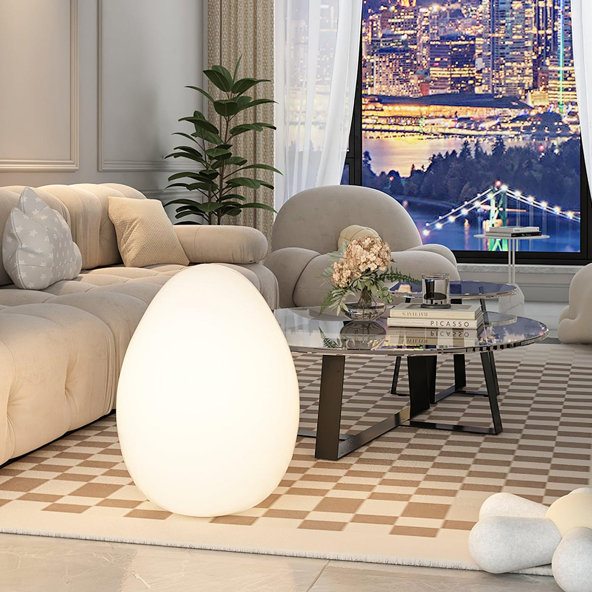 Lámpara de ambiente LED en forma de huevo de 12 pulgadas con pantalla de polietileno blanco, luz de 3 modos, inalámbrica, recargable, para interiores y exteriores, luz de acento para sala de estar y patio