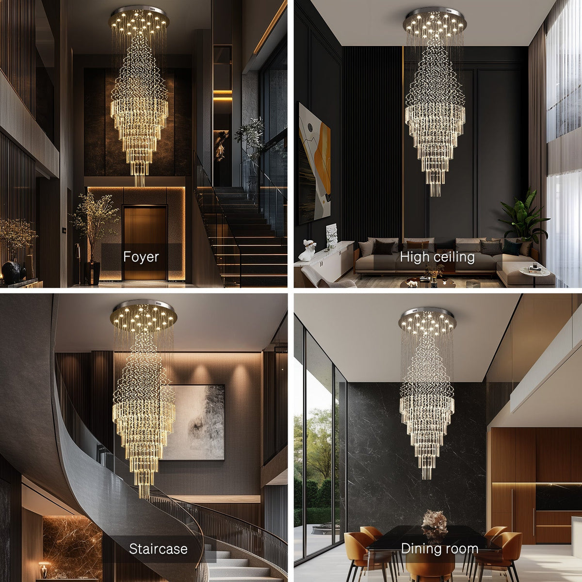 Cascading Crystal Tiered Chandelier for Foyer & Staircase – Adjustable Height Statement Lighting Fixture