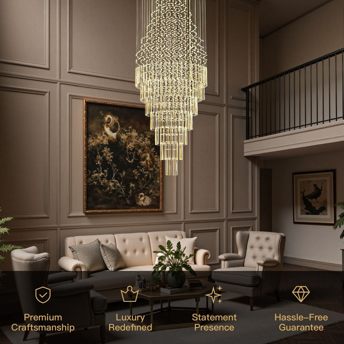 Cascading Crystal Tiered Chandelier for Foyer & Staircase – Adjustable Height Statement Lighting Fixture
