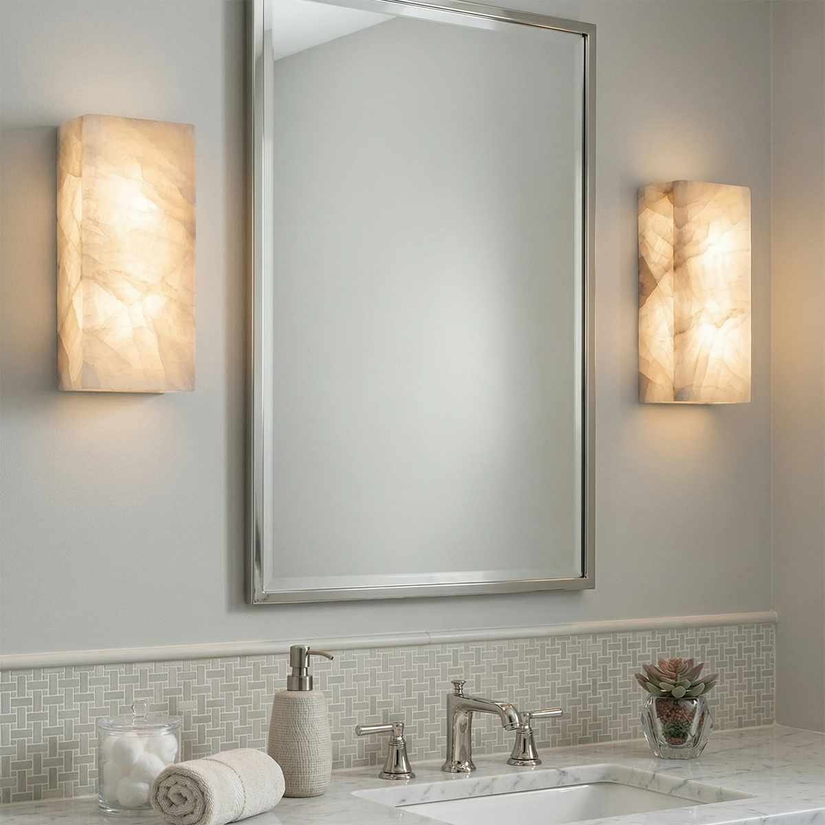 Elegant Alabaster Wall Light Sconce – Modern Transitional Design with Integrated LED for Bathroom and Living Room