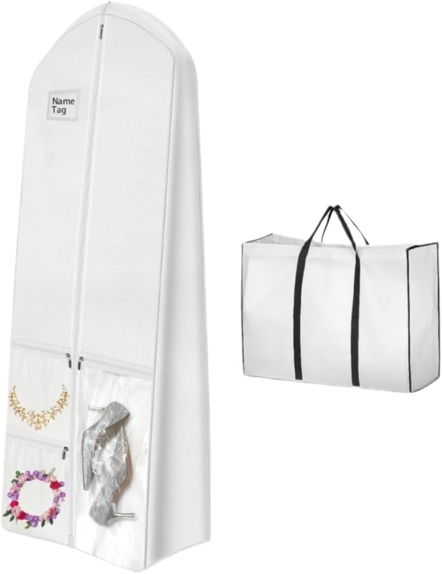 Funda elegante para vestido de novia | Almacenamiento extra grande para vestido de boda con bolsillos con cremallera para viajes seguros