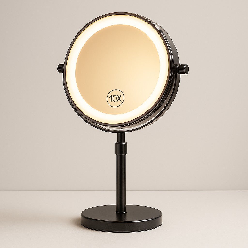 Elegant LED Makeup Mirror | 10X Magnification & Adjustable Height | Perfect Lighting for Flawless Makeup