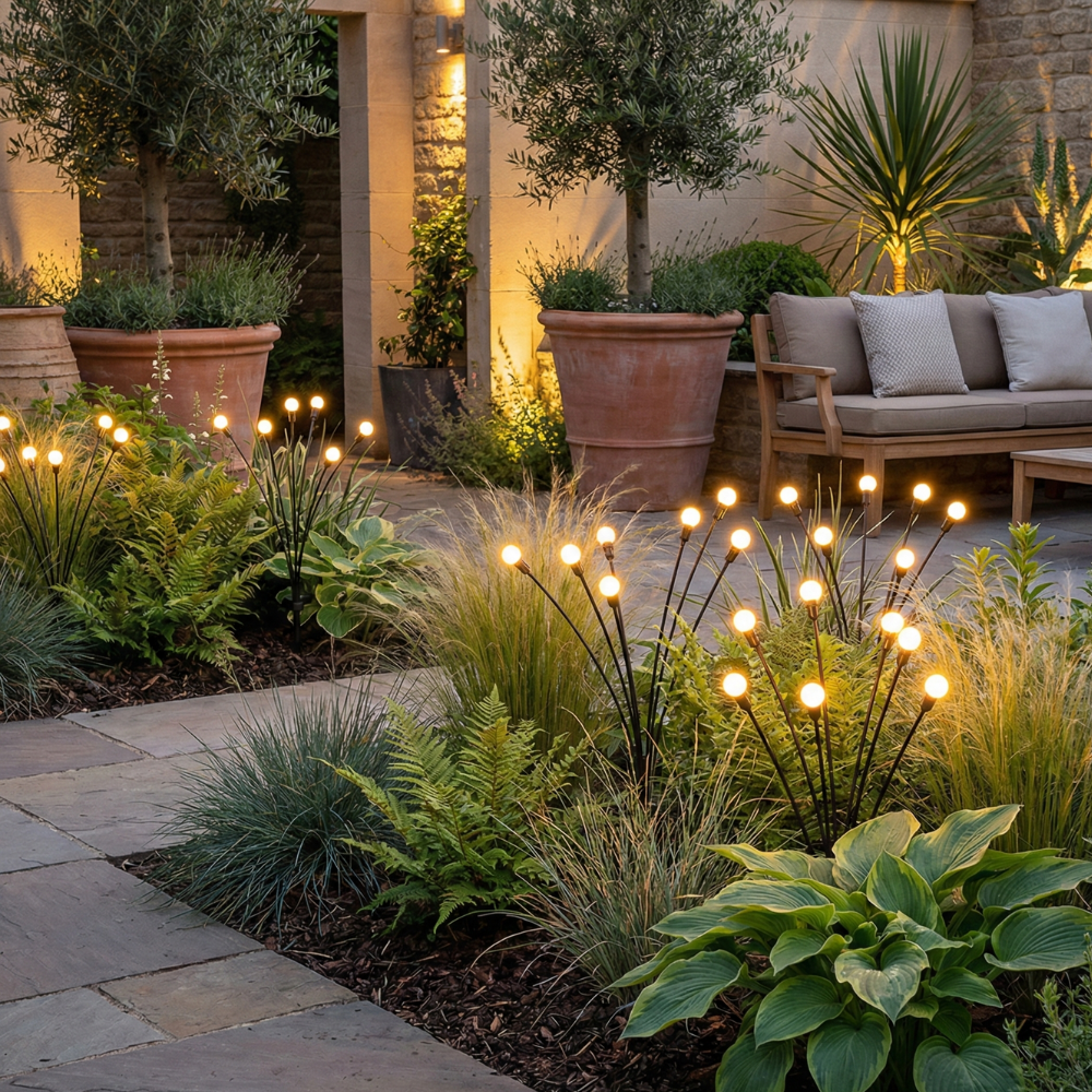 Luces solares elegantes de luciérnaga para jardín | Iluminación exterior impermeable con 120 lúmenes para un ambiente impresionante