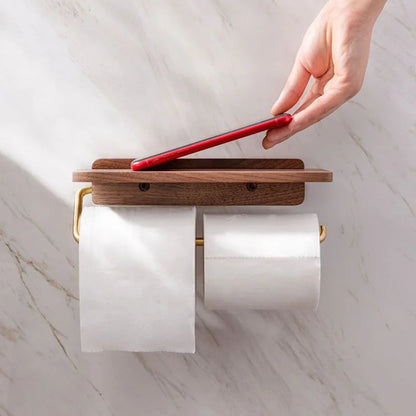 Elegant Walnut Toilet Roll Holder with Brass Shelf | Modern Design for Stylish Storage