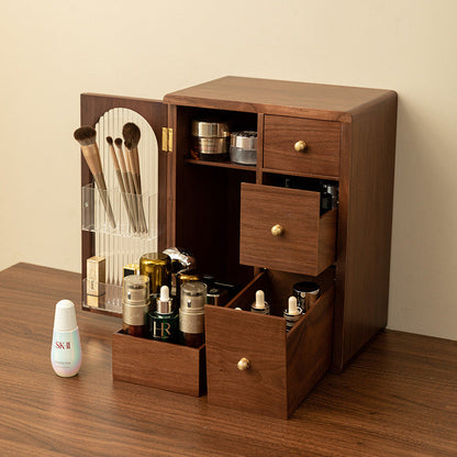 Elegante organizador de maquillaje de madera con cajones y portabrochas: organizador de cosméticos y tocador con estilo para artículos de belleza esenciales