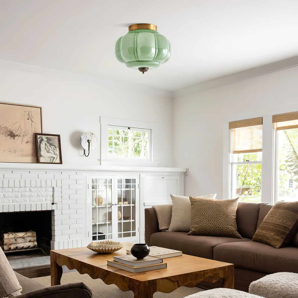 Flush Mount Glass Pendant Light 15 in Jade Green Shade Hardwired E26 E27 Socket Handblown Artisan Finish for Bedroom Bathroom Hallway Entryw