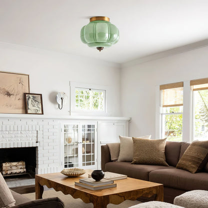 Flush Mount Glass Pendant Light 15 in Jade Green Shade Hardwired E26 E27 Socket Handblown Artisan Finish for Bedroom Bathroom Hallway Entryw