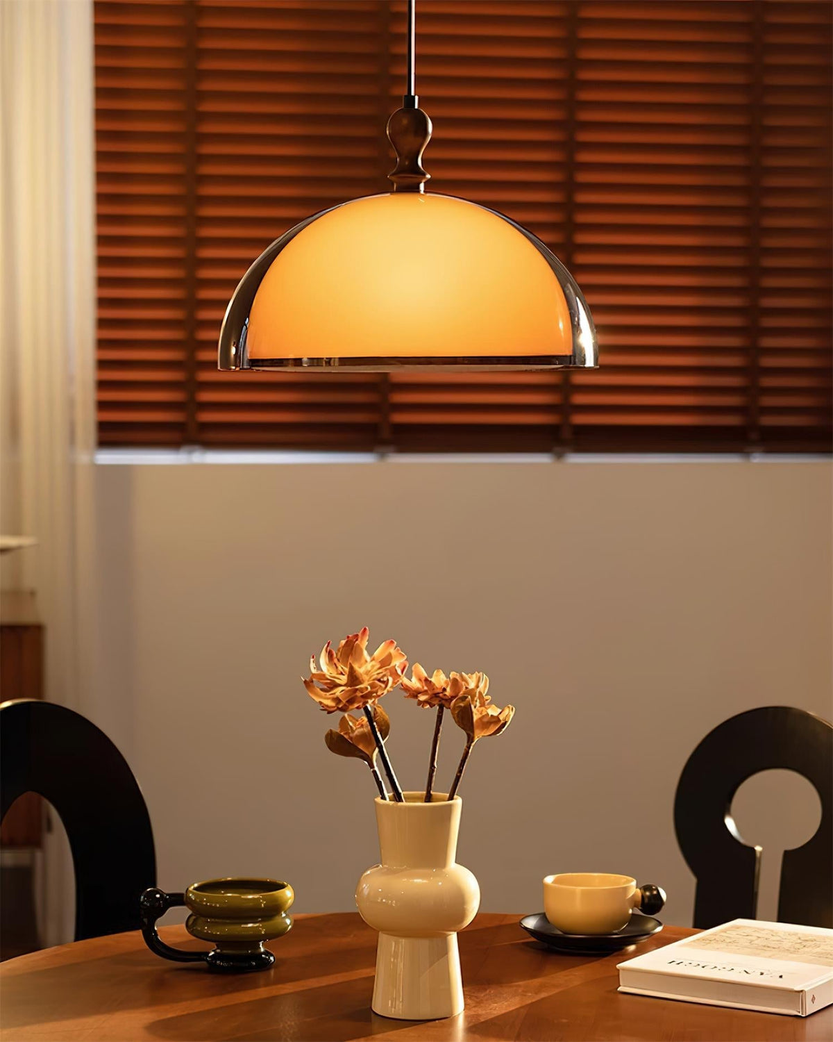 Hanging Ceiling Light Fixture with Walnut Wood Accent and Acrylic Shade 14 Inch Diameter for Kitchen Island Dining Room Table Adjustable Hei
