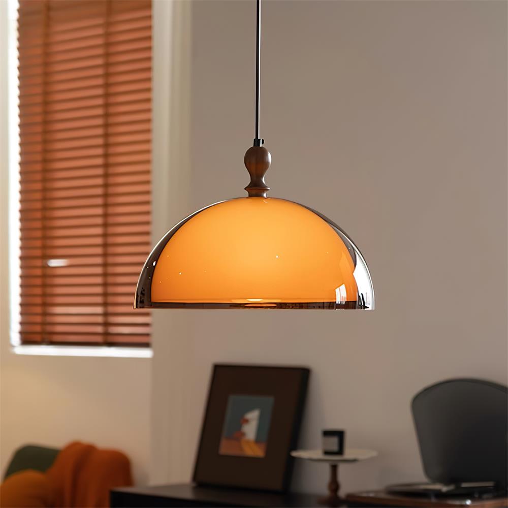 Hanging Ceiling Light Fixture with Walnut Wood Accent and Acrylic Shade 14 Inch Diameter for Kitchen Island Dining Room Table Adjustable Hei