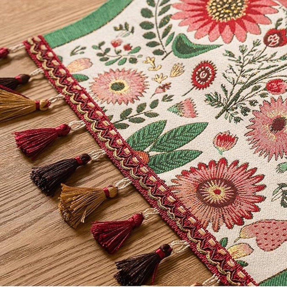 Elysia Table Runner - Embroidered Floral with Tassels