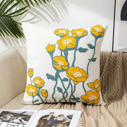 Embroidered Cotton Canvas Cushion Cover – Rustic Floral Design for Couch and Sofa