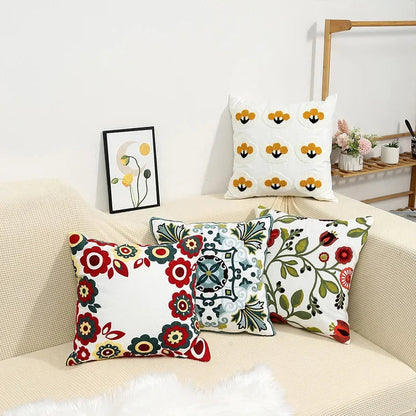 Embroidered Cotton Canvas Cushion Cover – Rustic Floral Design for Couch and Sofa