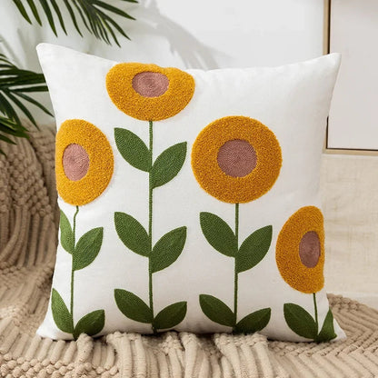 Embroidered Cotton Canvas Cushion Cover – Rustic Floral Design for Couch and Sofa