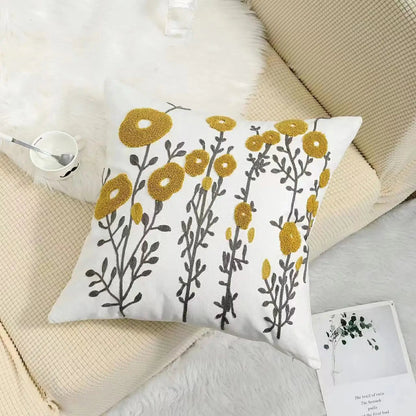 Embroidered Cotton Canvas Cushion Cover – Rustic Floral Design for Couch and Sofa