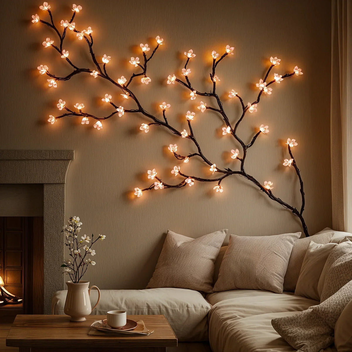 Pink Cherry Blossom LED String Light Vine for Indoor Home Decor – 63-Inch Hanging Floral Lights with 72 Warm White & Blush LEDs