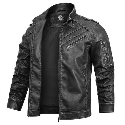Faux Leather Motorcycle Jacket with Embroidered Details for Men – Black Biker Style Outerwear