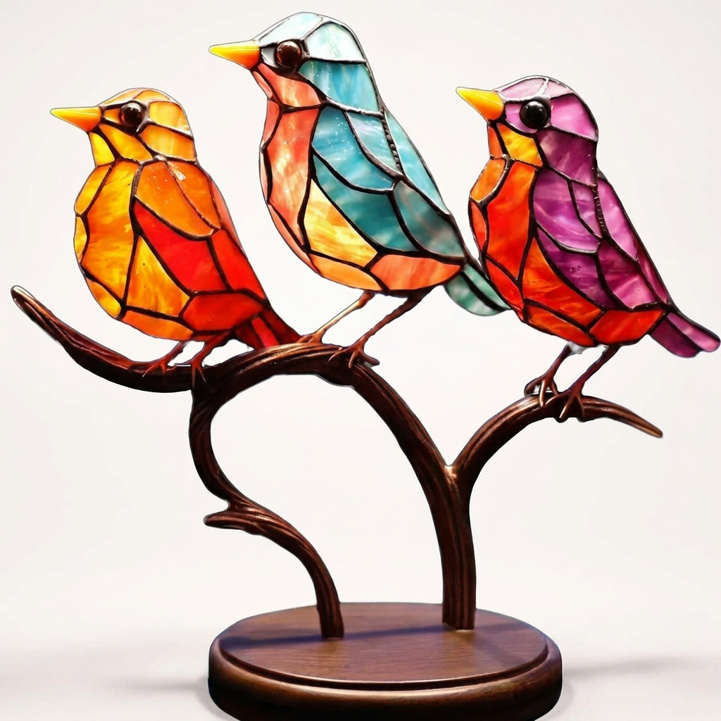 Glass Bird Figurines on Branch for Desk | Colorful Art Ornament Set | Office Decor Bird Sculptures | Home Accent Birds | Gift for Bird