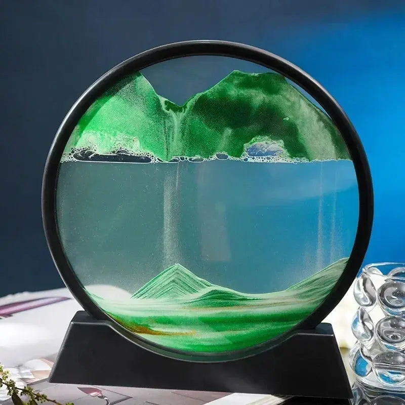 Moving Sand Art Glass Display Rotating Desktop Sculpture Stress Relief Decor for Home Office Meditation Mindfulness Gift