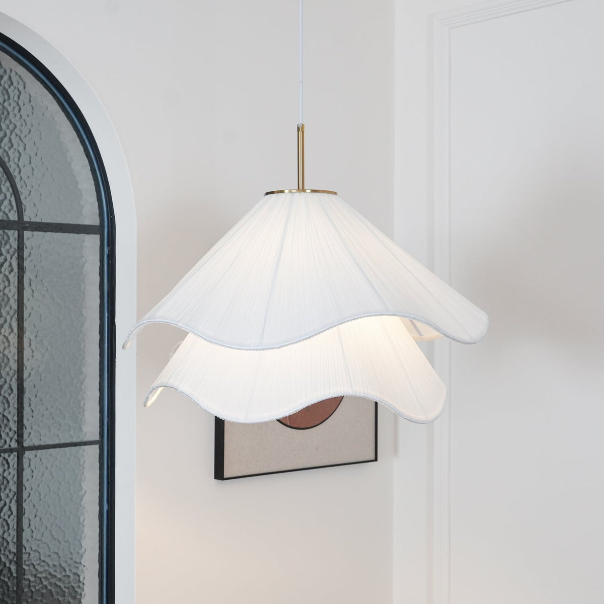 Layered Flower Petal Hanging Light Fixture White and Gold 24-Inch Diameter Adjustable Drop for Dining Room Kitchen Bedroom Above Table or Is
