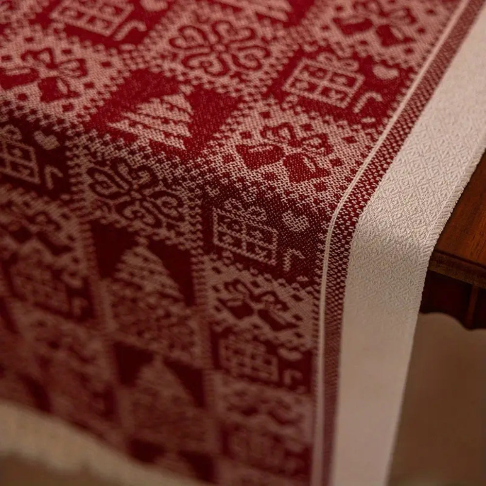 Everly Christmas Table Runner - Soft Microfiber, Elk Design with Tasseled Edges