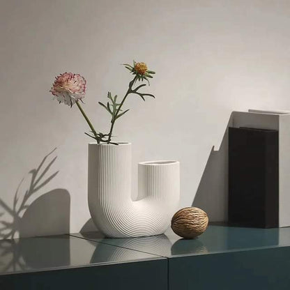 Curved Ceramic Vase for Table & Desk - Scandinavian Style Centerpiece - Modern Arch Design for Living Room & Office Decor - Geometric Home