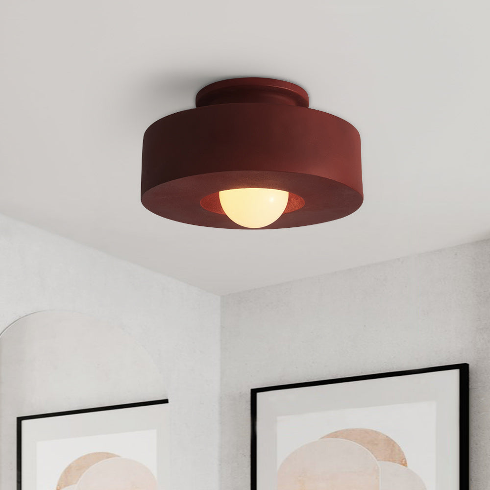 Flush Mount Drum Fixture 12-Inch Resin Shade Adjustable Brightness for Bedroom Den Hallway Low Profile 6-Inch Height Minimalist Japanese Sty