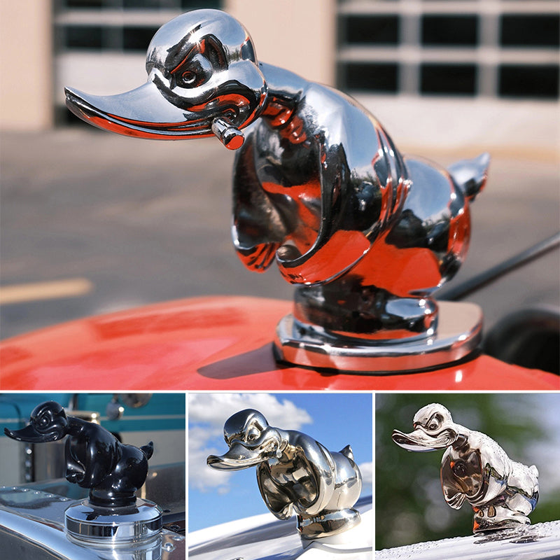Chrome Duck Radiator Ornament – Classic Car Accent Figurine for Grille or Desktop Display – Silver & Black Finish