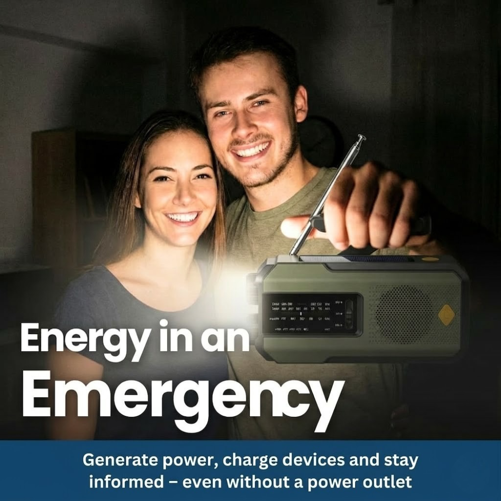 Radio de emergencia portátil con linterna, alimentada por energía solar
