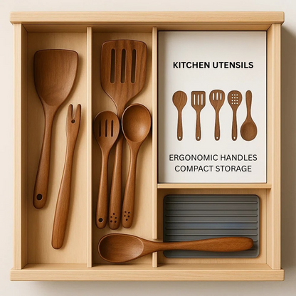 Juego de utensilios de cocina de madera natural