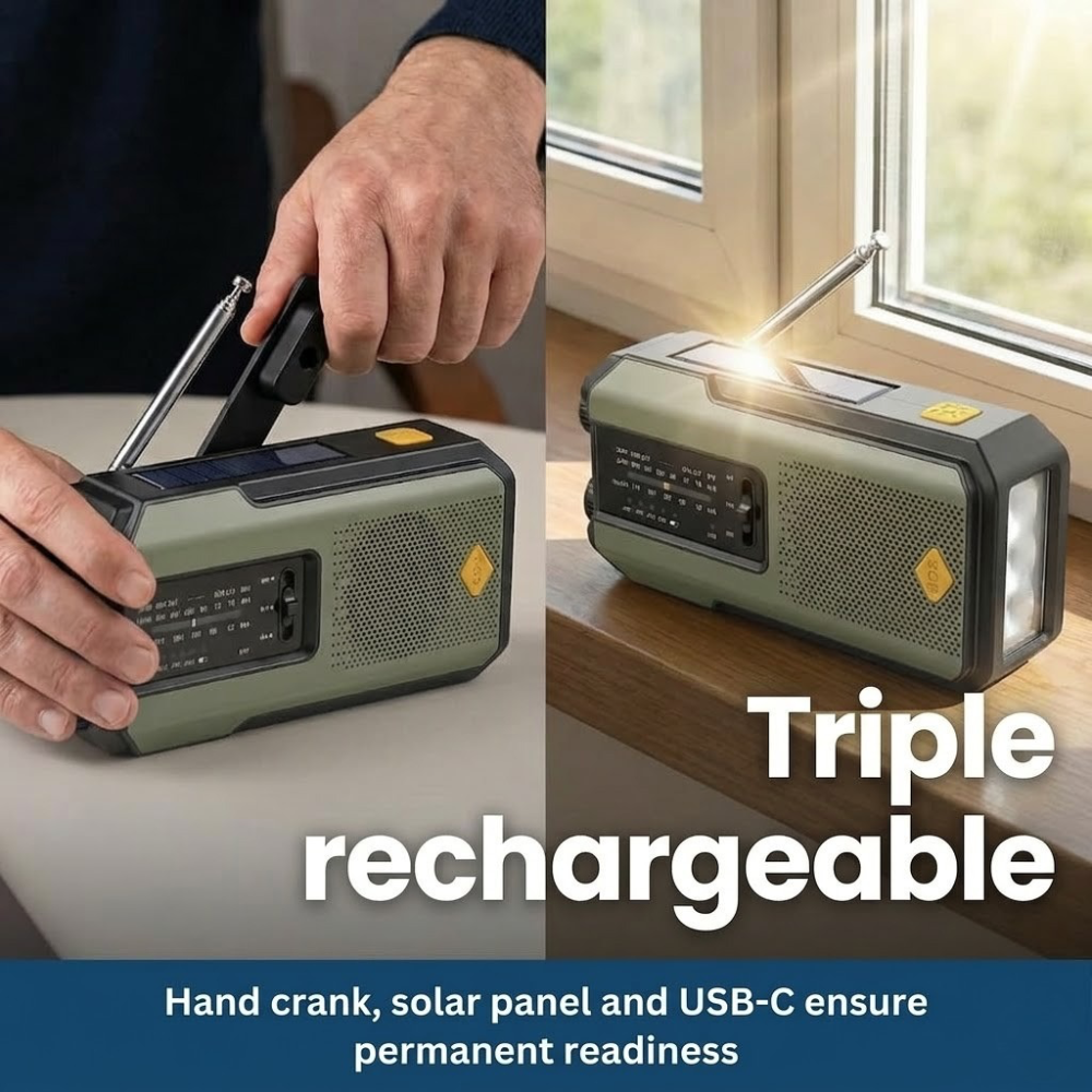 Radio de emergencia portátil con linterna, alimentada por energía solar