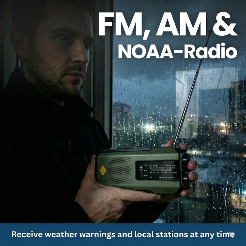 Radio de emergencia portátil con linterna, alimentada por energía solar