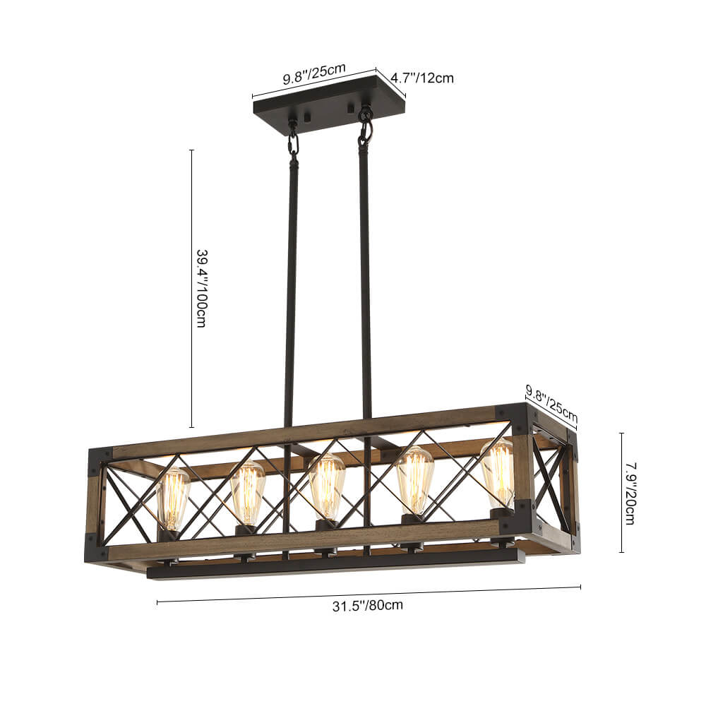 Rectangular Wood and Metal Hanging Fixture 31.5 Inches with 5 Sockets for Kitchen Island Dining Table Farmhouse Industrial Style Adjustable