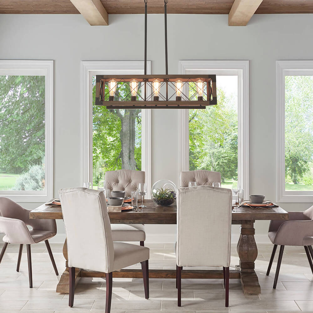 Rectangular Wood and Metal Hanging Fixture 31.5 Inches with 5 Sockets for Kitchen Island Dining Table Farmhouse Industrial Style Adjustable