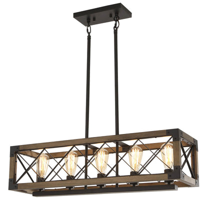 Rectangular Wood and Metal Hanging Fixture 31.5 Inches with 5 Sockets for Kitchen Island Dining Table Farmhouse Industrial Style Adjustable