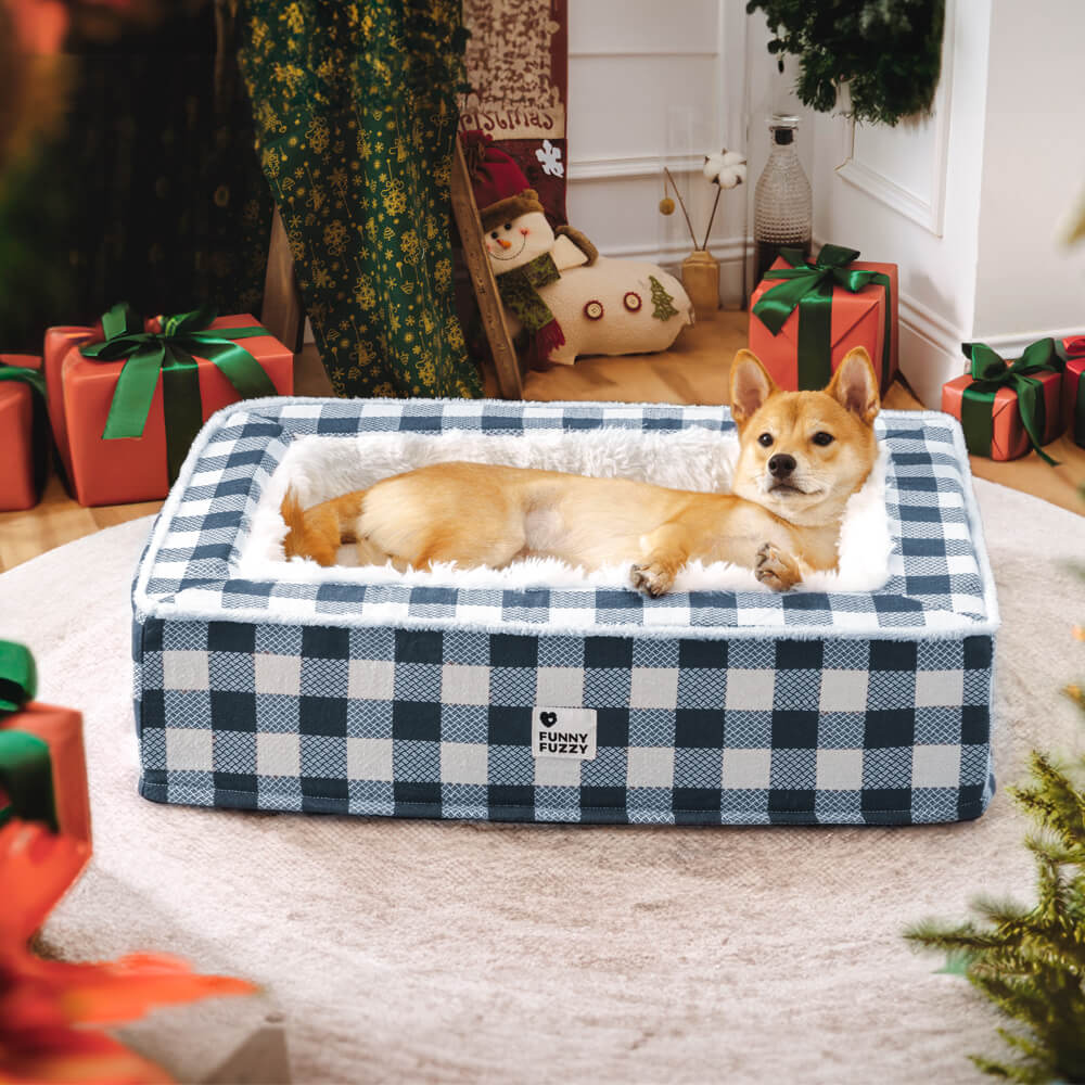 Plaid Raised-Edge Dog Bed with Memory Foam Bolster Support for Calming Sleep | Small to Extra Large Sizes | Classic Checkered Pattern Pet