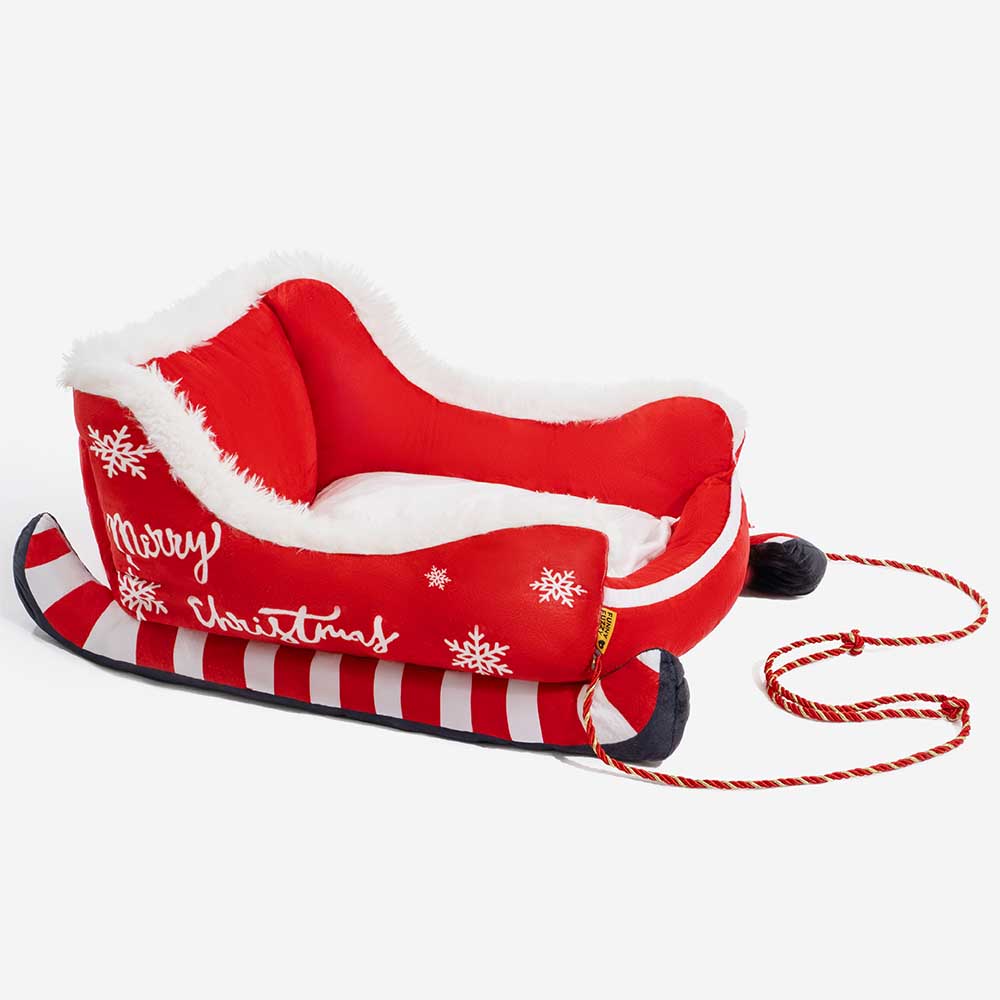 Holiday Sleigh Dog Bed with Plush Velvet Lining for Small to Large Dogs Winter Pet Lounger Christmas Decor