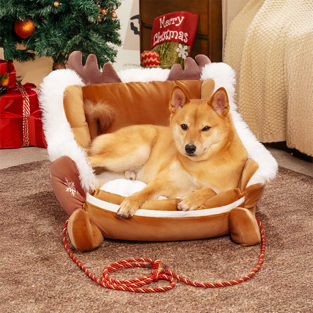 Holiday Sleigh Dog Bed with Plush Velvet Lining for Small to Large Dogs Winter Pet Lounger Christmas Decor