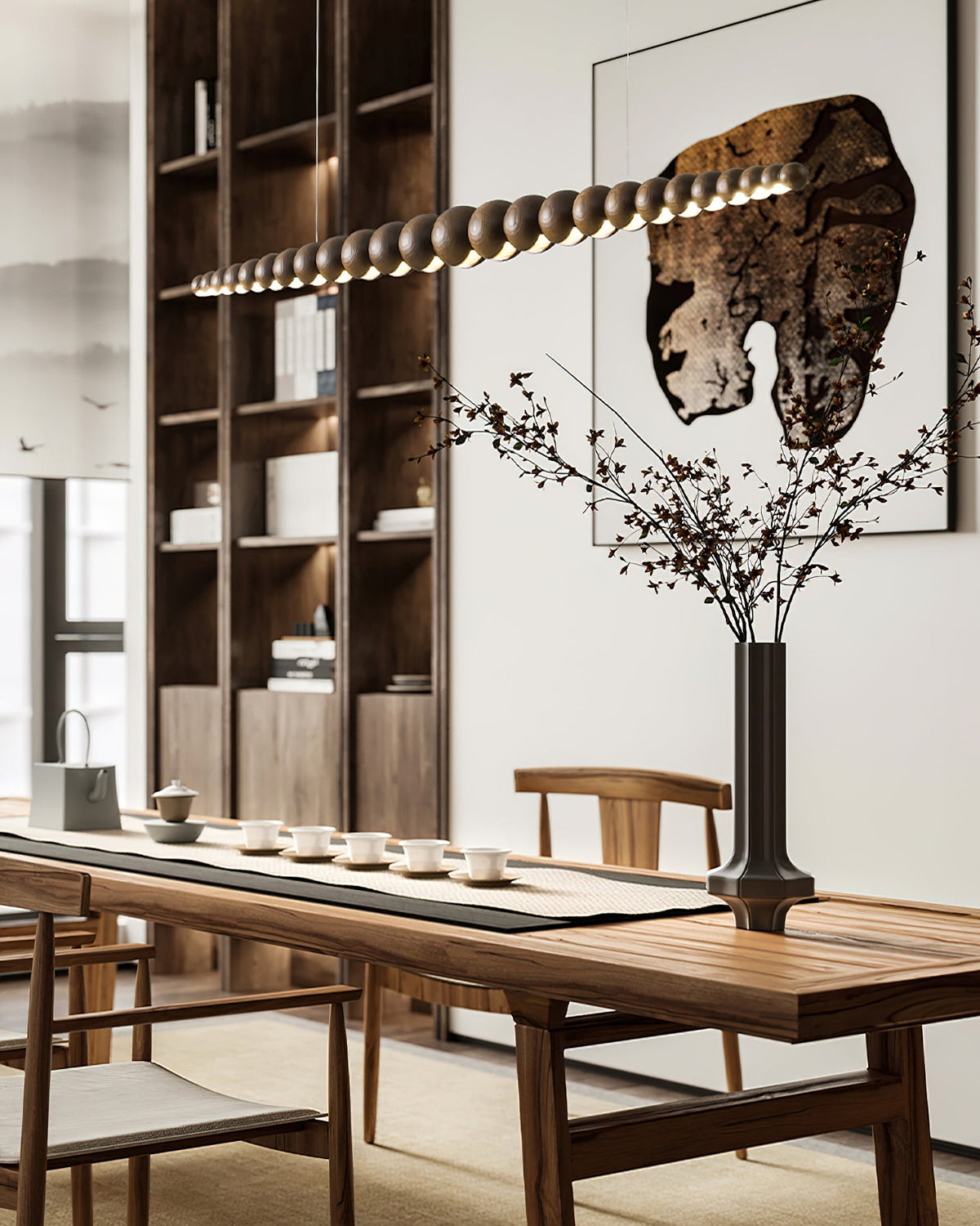 Hanging LED Fixture 46 in Metal Wood Acrylic Globe Pendant 3000K Contemporary Ceiling Light for Kitchen Island Dining Table
