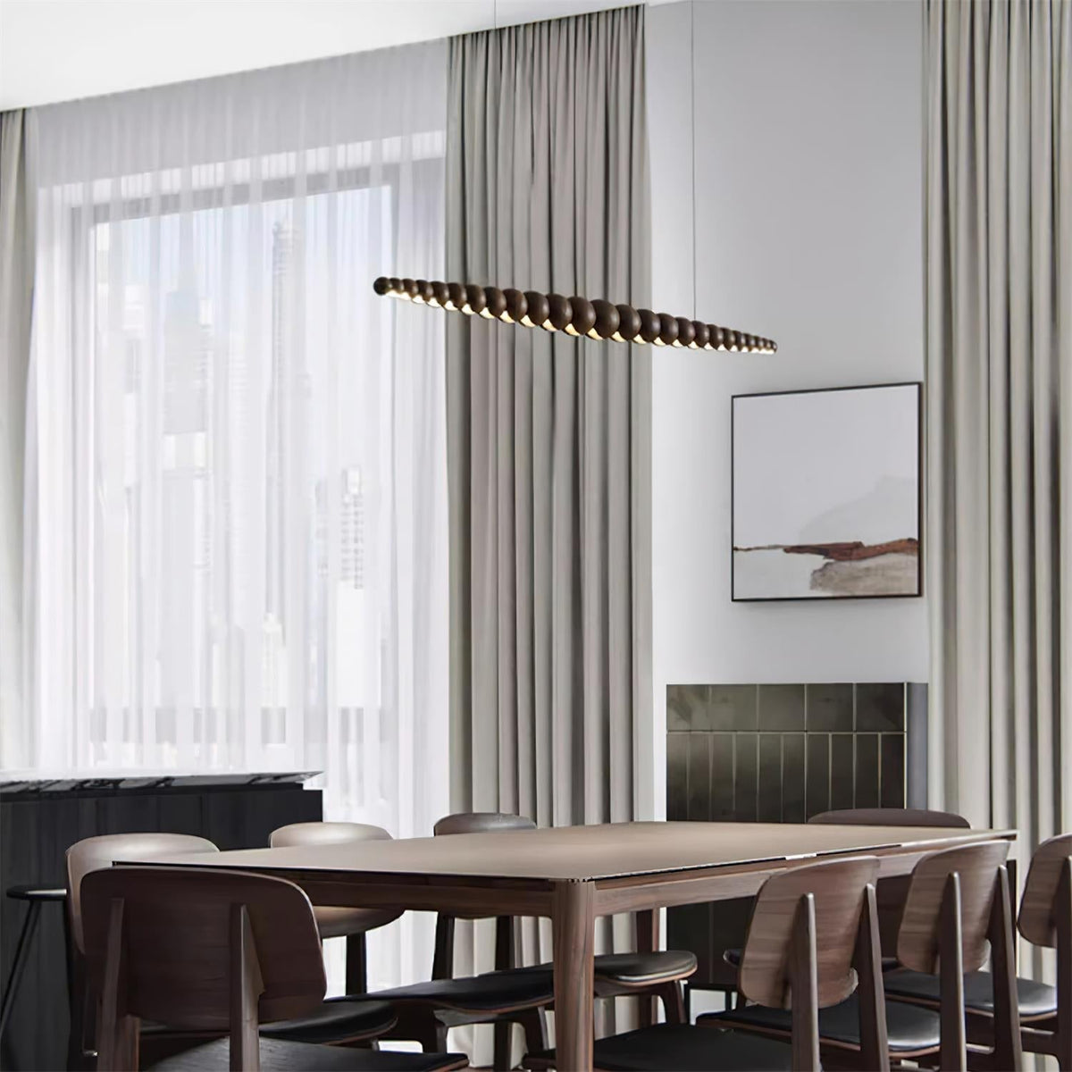 Linear LED Ceiling Fixture Wood & Metal 3000K Over Island Kitchen Dining Room Adjustable Height Suspended Bar Light Modern Minimalist Scandi