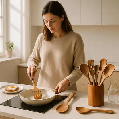 Juego de utensilios de cocina de madera natural