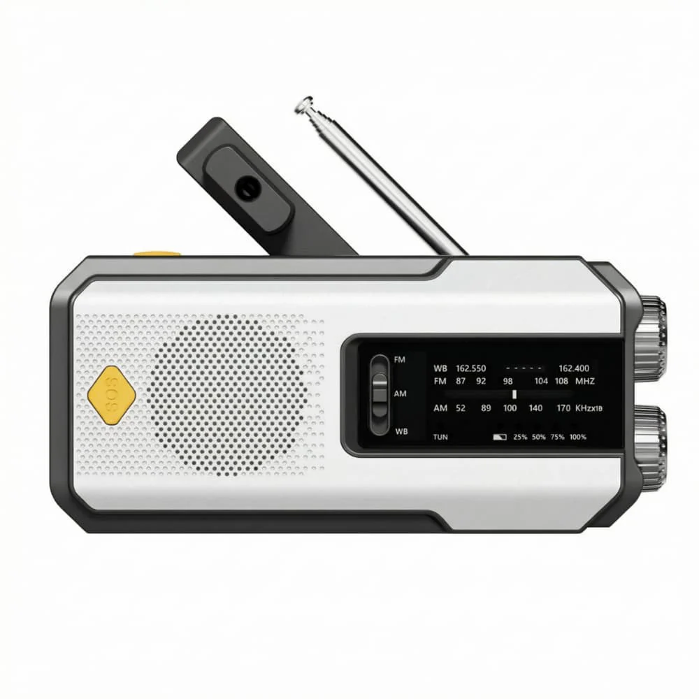 Radio de emergencia portátil con linterna, alimentada por energía solar